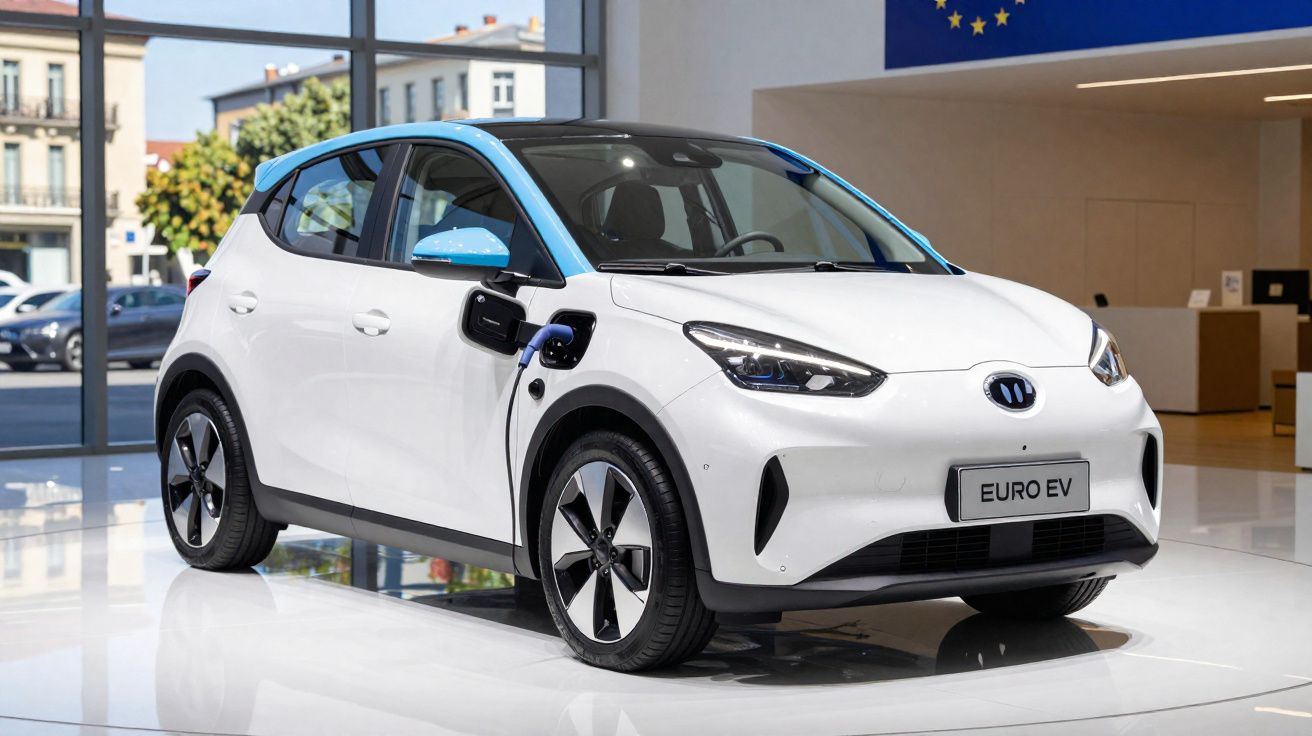 Carro elétrico branco com detalhes azuis estacionado em showroom moderno e iluminado.