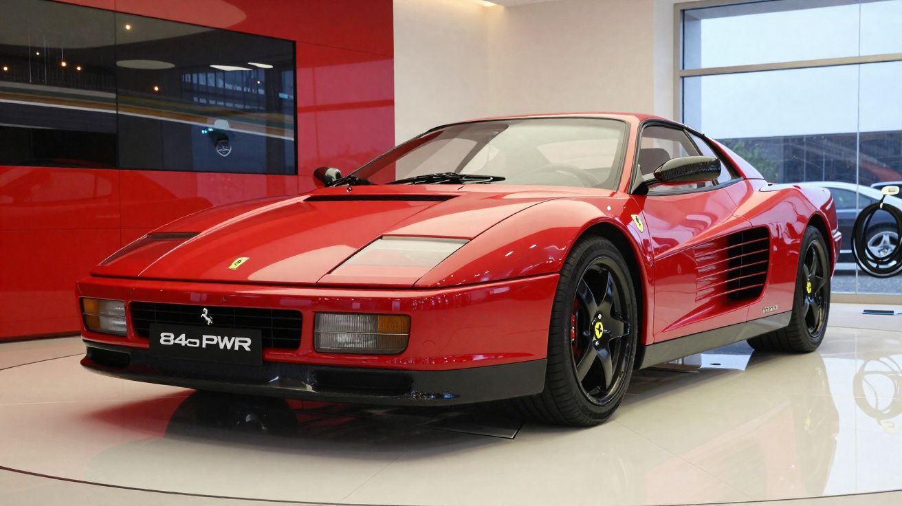 Carro esportivo Ferrari vermelho modelo 848 PWR exposto em showroom moderno com paredes vermelhas e chão branco.