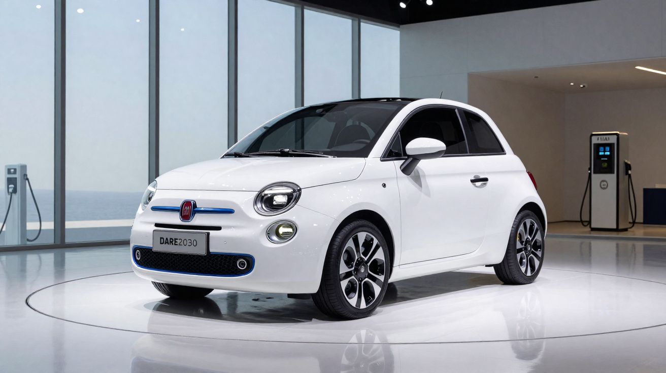 Carro elétrico branco Fiat DARE 2030 em exposição em ambiente moderno e iluminado.