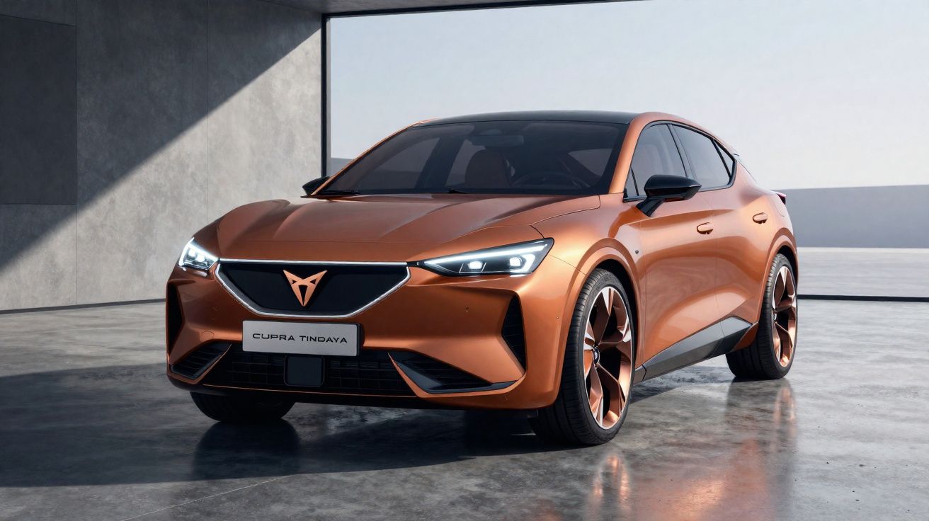 Carro cupê elétrico Cupra Tindaya bronze em ambiente minimalista com luz natural.