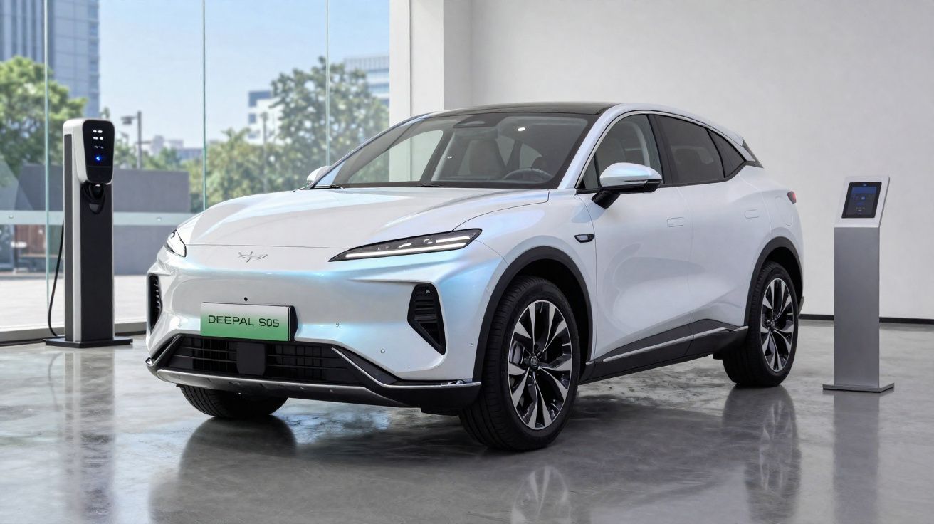 Carro elétrico branco modelo Deepal S05 em showroom com estação de recarga ao lado.