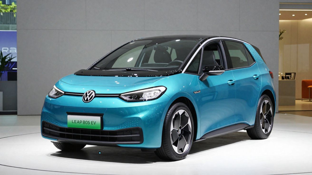 Carro elétrico Volkswagen Leap B05 EV azul exibido em salão automotivo com paredes cinza e branco.