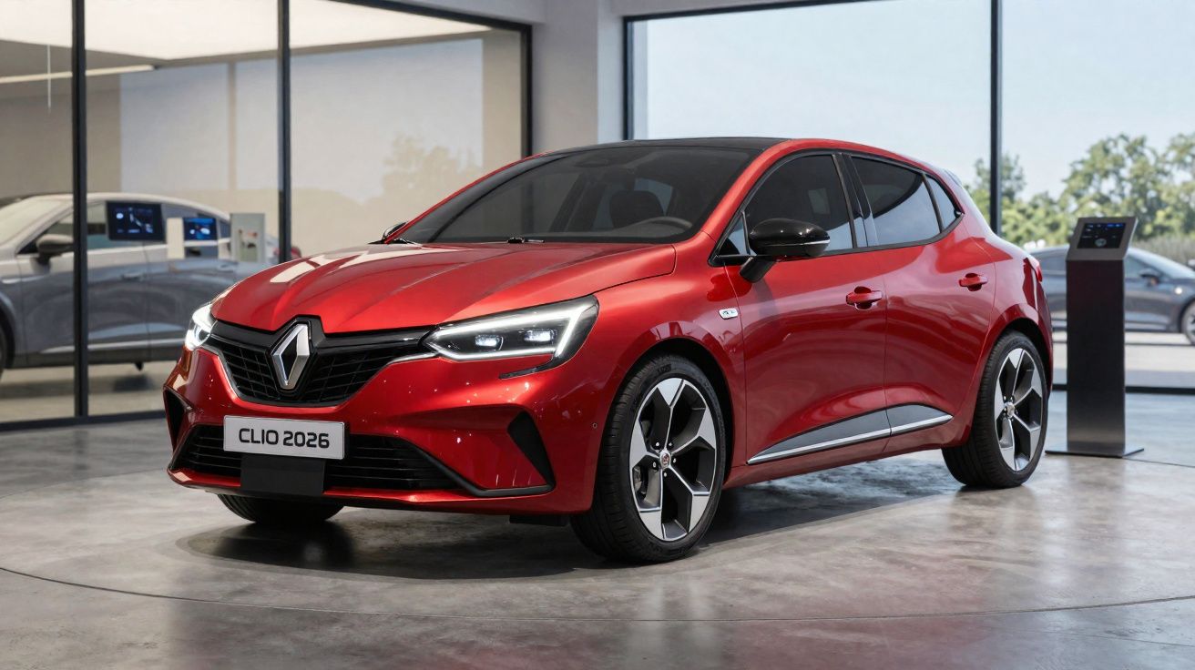 Carro hatchback vermelho Renault Clio 2026 em exposição dentro de showroom moderno.