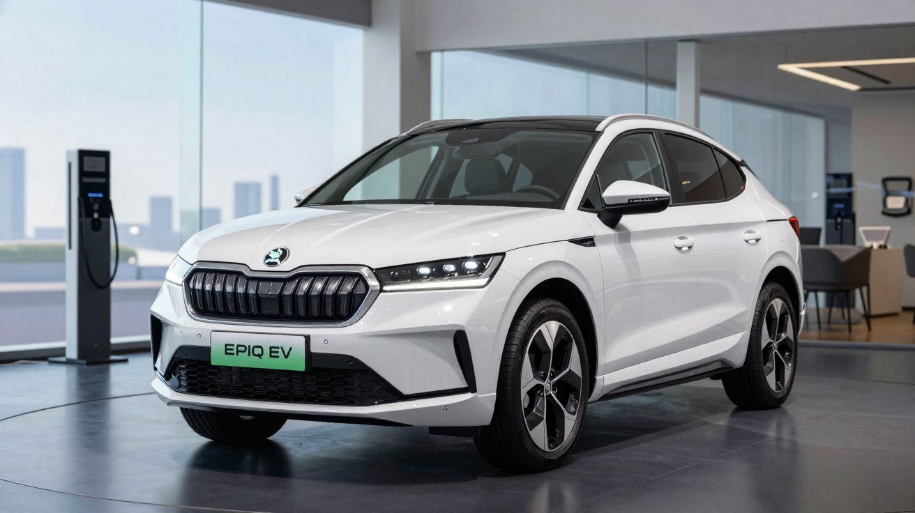Carro elétrico branco Škoda Epiq EV estacionado em ambiente interno moderno e iluminado.