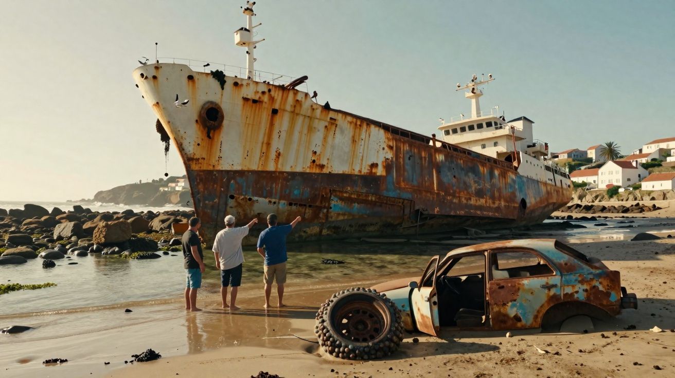 Navio enferrujado encalhado na praia com três pessoas e carro velho abandonado na areia.