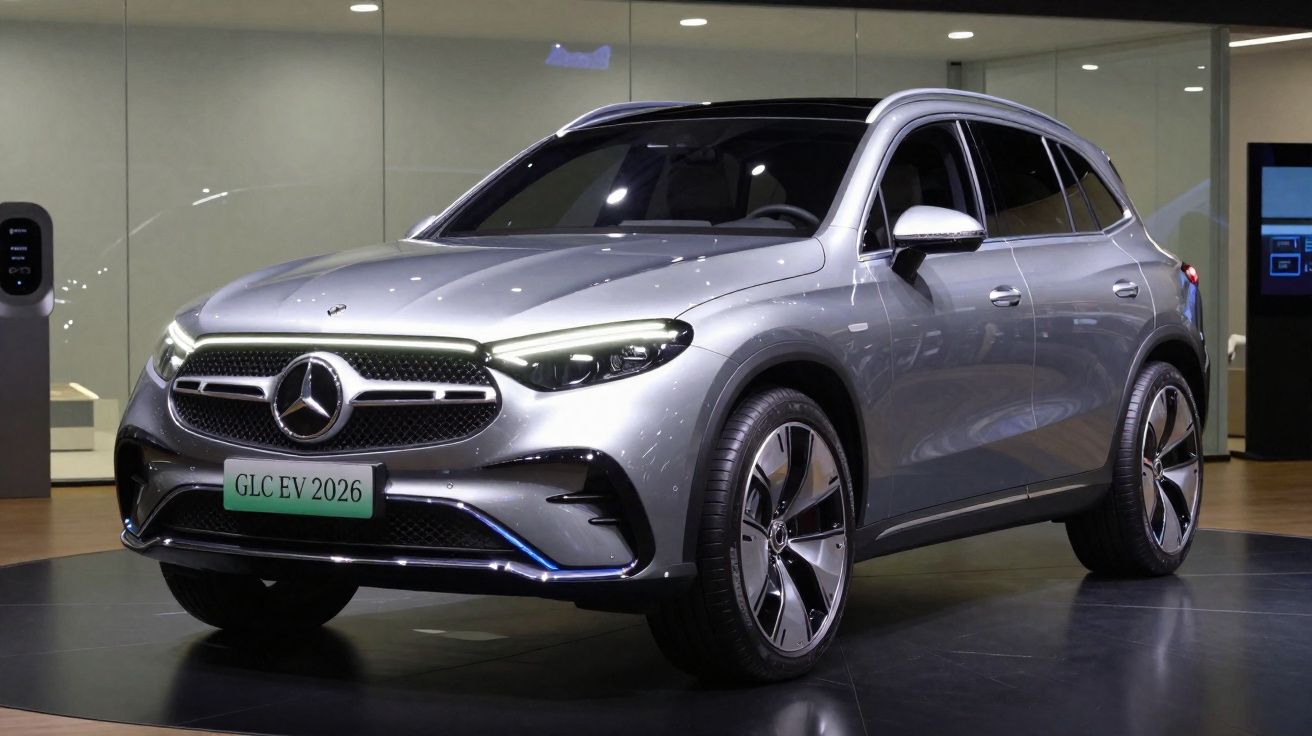 Carro SUV Mercedes-Benz GLC EV prata exposto em ambiente interno com iluminação artificial.