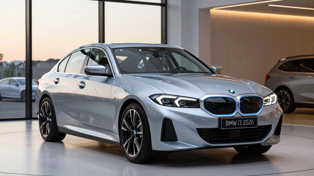 Carro BMW i3 2026 prateado estacionado em showroom com design moderno e faróis acesos.