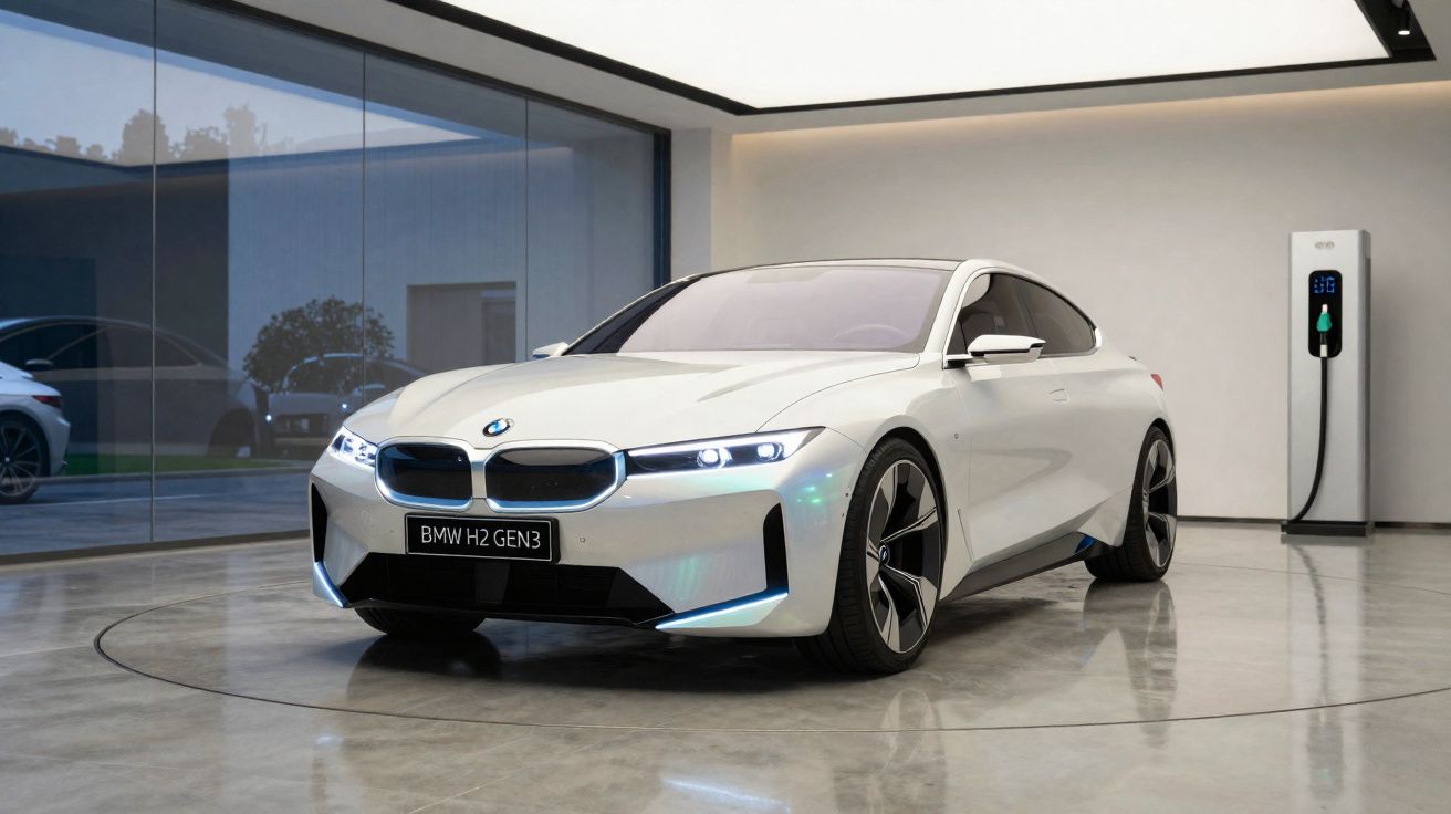 Carro elétrico BMW branco estacionado em garagem moderna com ponto de recarga ao fundo.