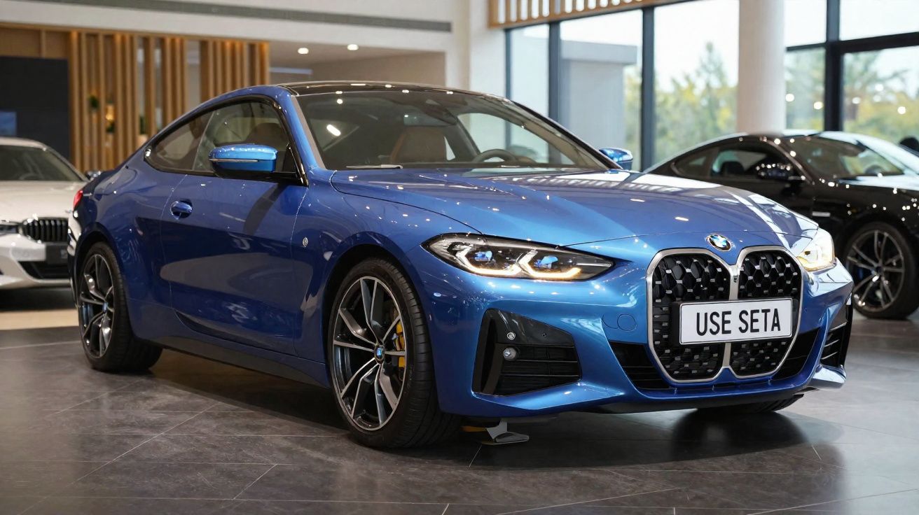 Carro esportivo azul BMW modelo novo com faróis acesos exibido em showroom.
