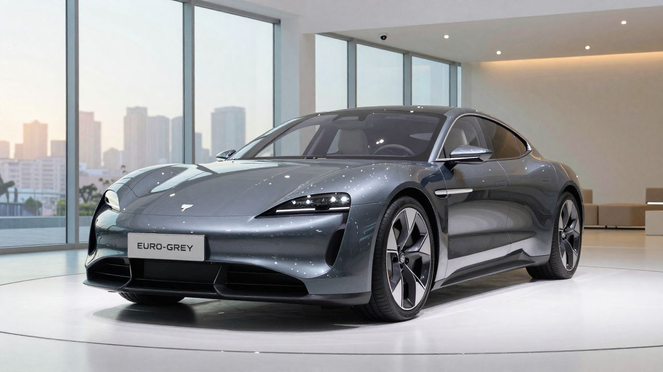 Carro esportivo elétrico cinza em exibição em ambiente interno moderno com janelas grandes.