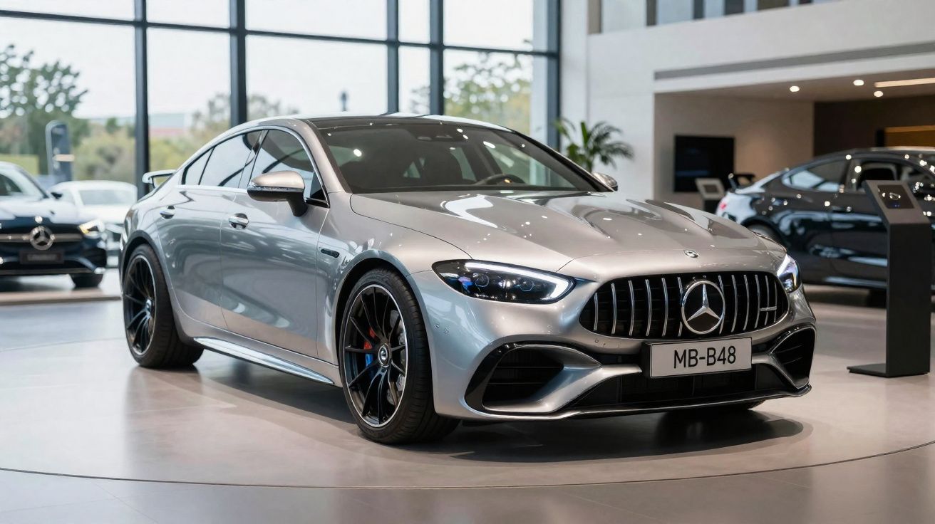 Carro prata Mercedes-Benz esportivo exibido em showroom moderno com outras viaturas ao fundo.