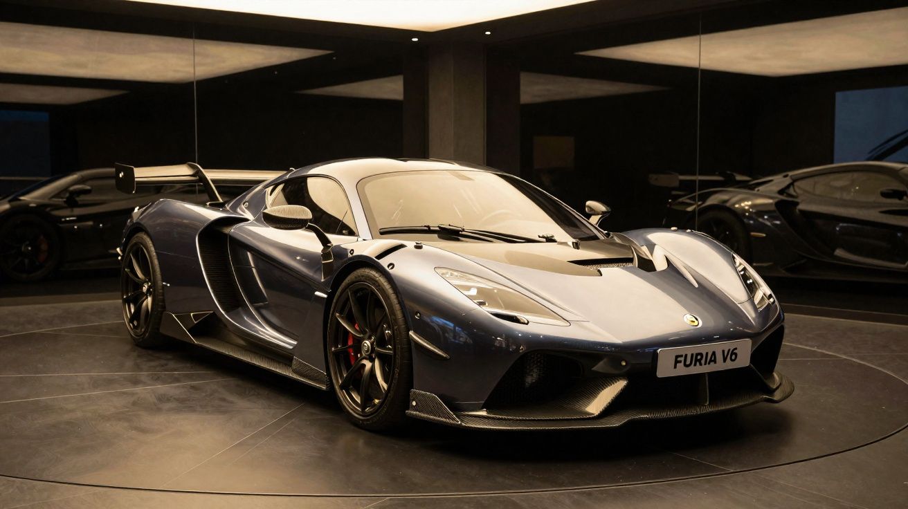 Carro esportivo preto modelo Furia V6 exibido em salão com piso e paredes espelhados.