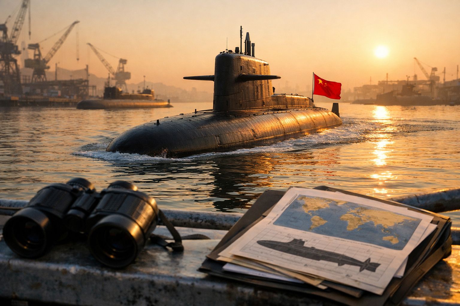 Submarino chinês navegando ao pôr do sol com binóculos e mapas na frente, em um porto industrial.
