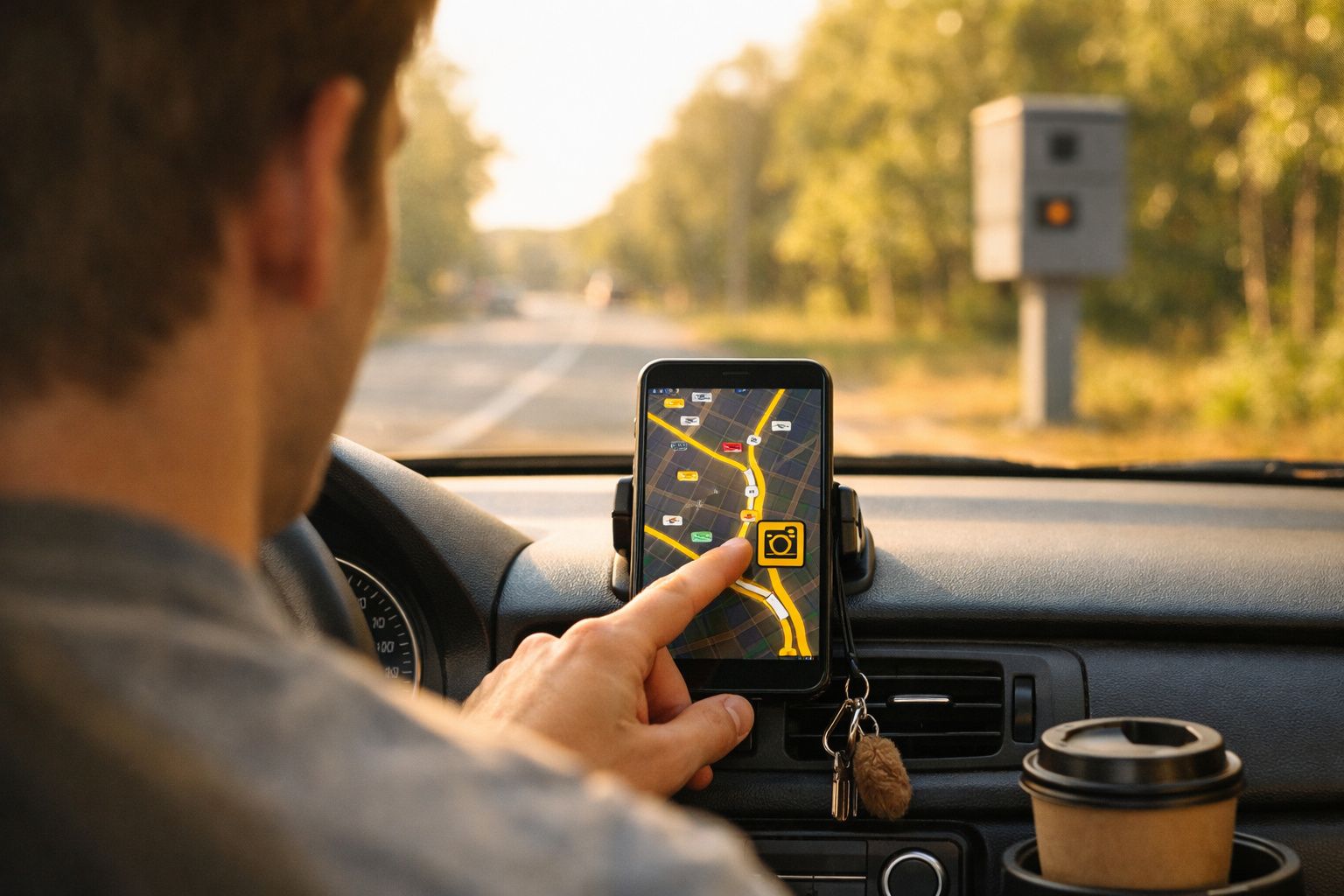 Motorista acessa aplicativo de navegação no celular dentro do carro próximo a radar de velocidade na estrada.