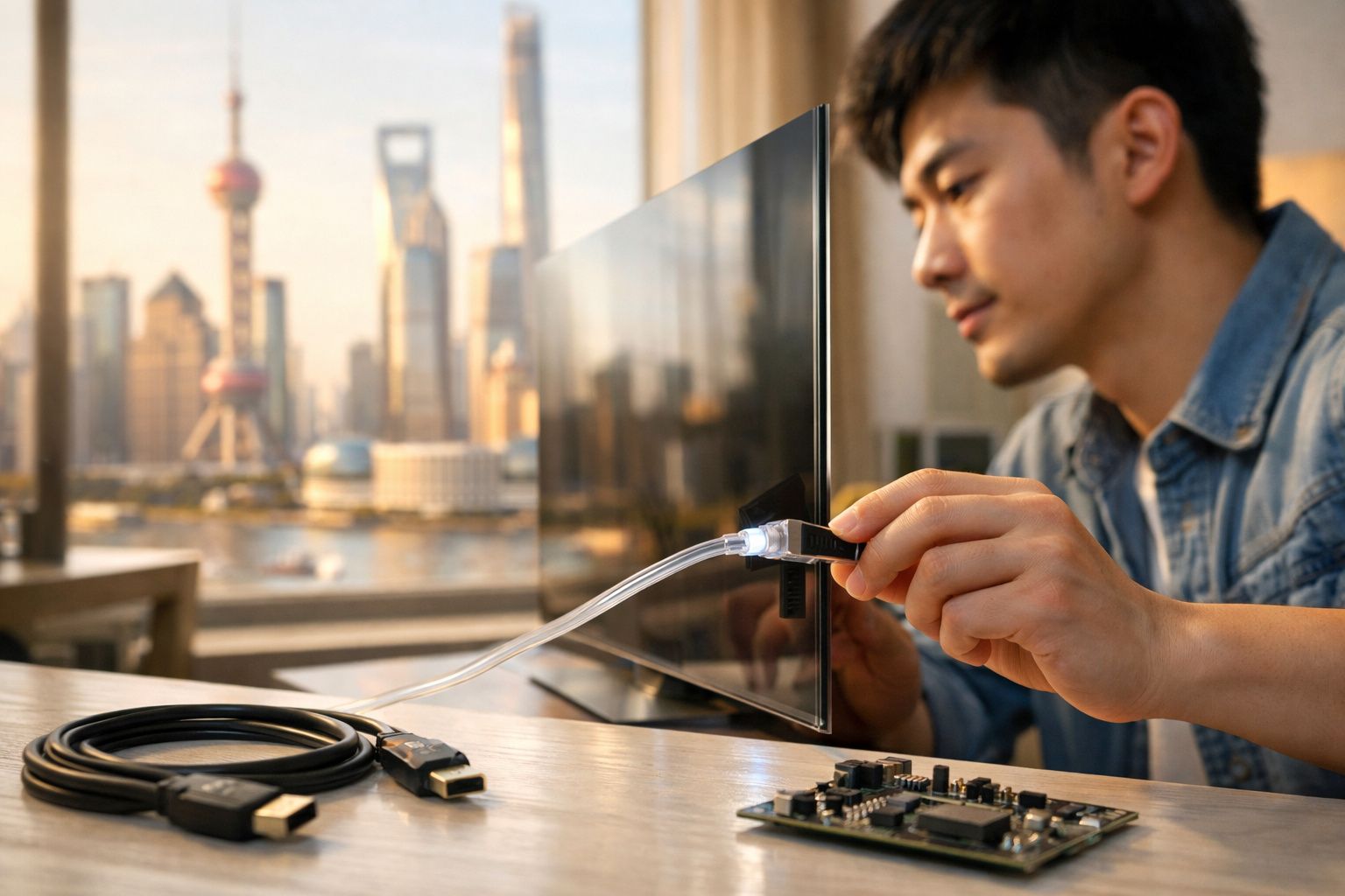 Homem conectando cabo USB em monitor com cidade ao fundo ao pôr do sol.