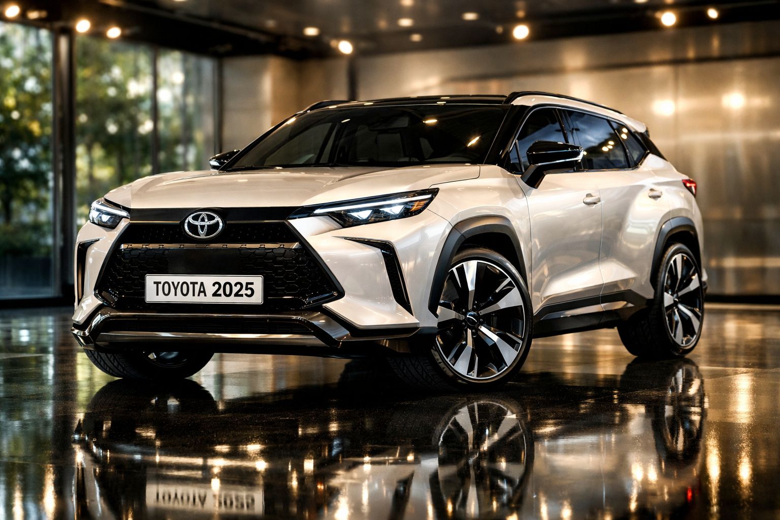 SUV Toyota 2025 branco com design moderno, faróis de LED e rodas esportivas em ambiente interno.