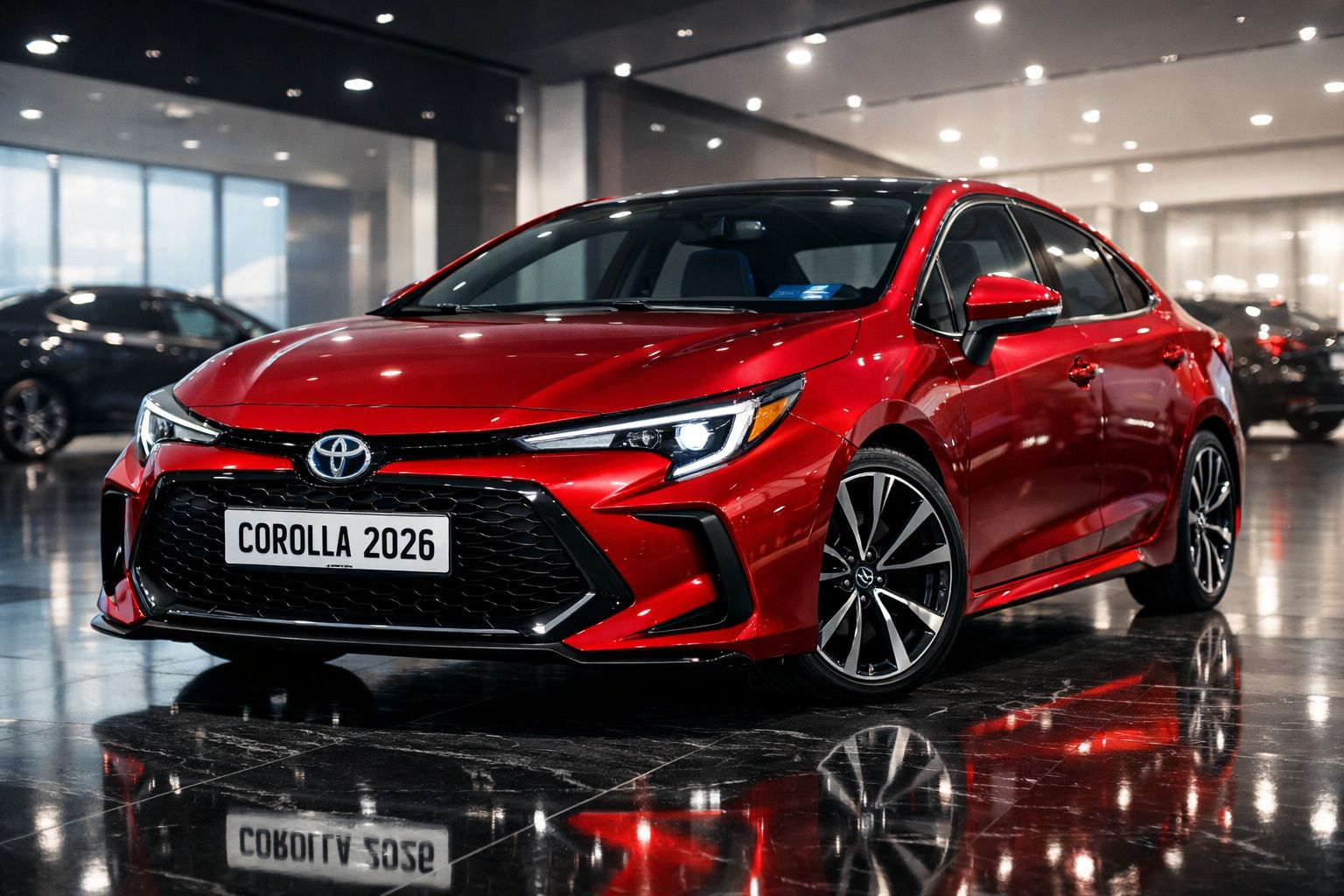Carro Toyota Corolla 2026 na cor vermelha exibido em showroom com iluminação interna.