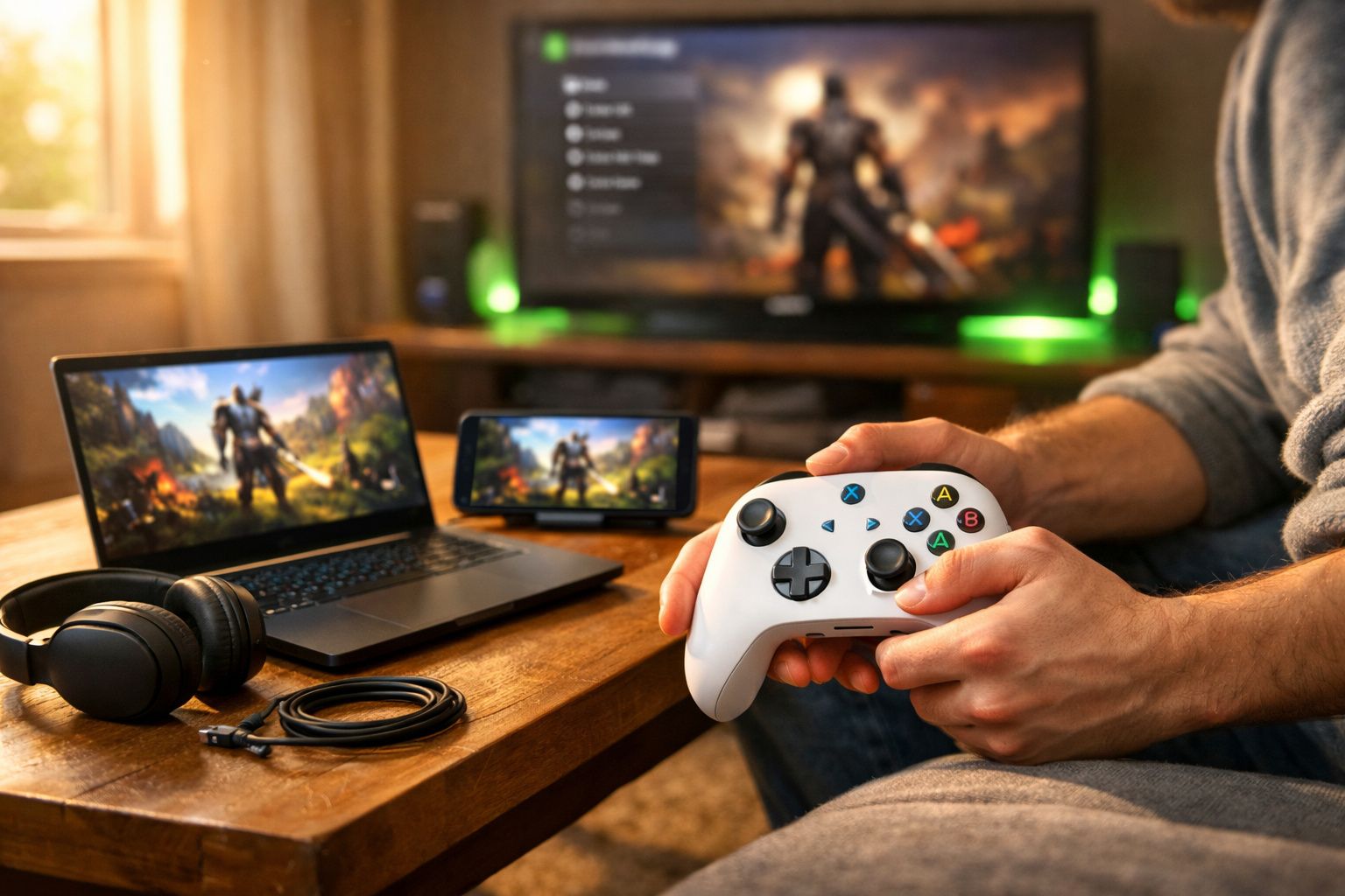 Pessoa segurando controle de videogame branco, com laptop, smartphone e TV exibindo jogo de fantasia ao fundo.