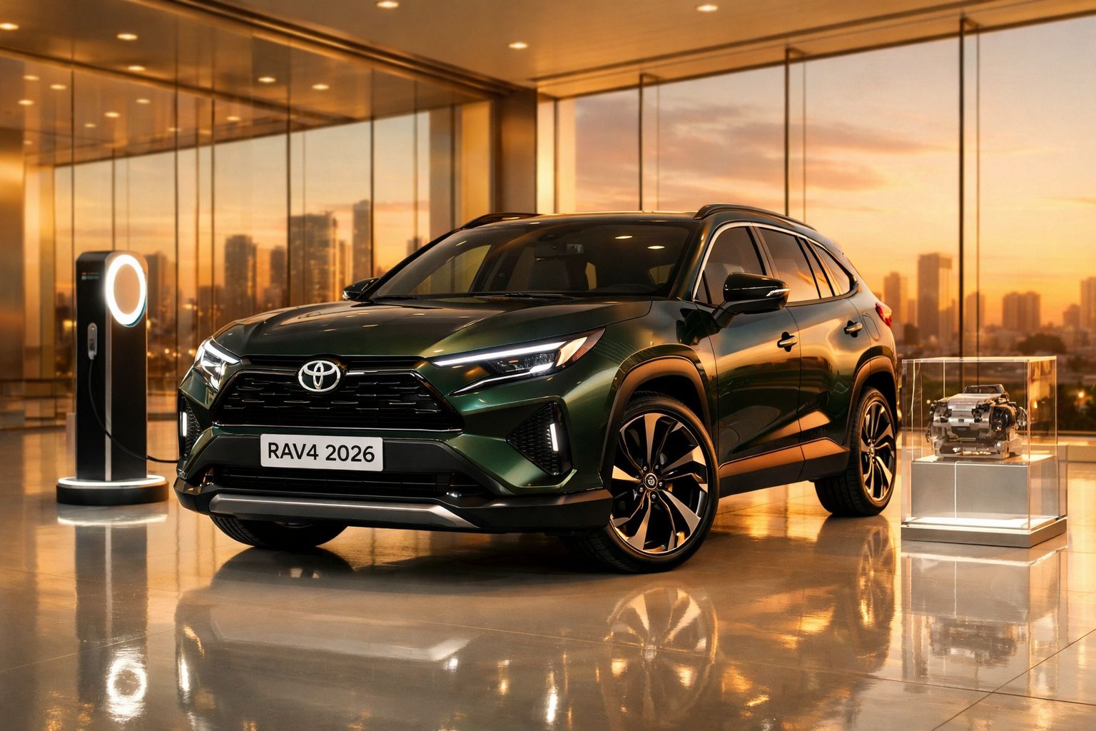Carro Toyota RAV4 2026 verde exibido em showroom moderno com iluminação ao pôr do sol.