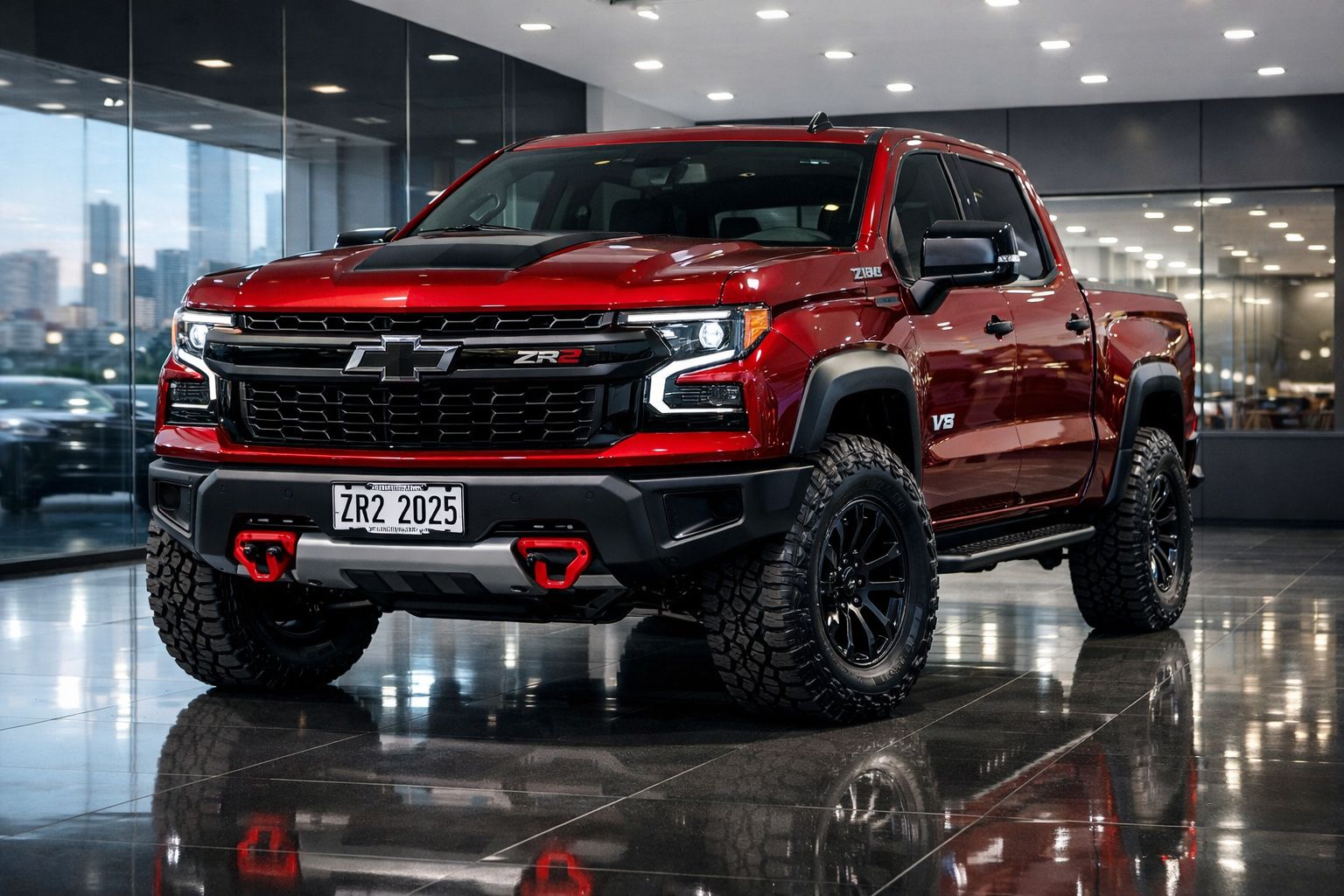 Picape Chevrolet ZR2 vermelha estacionada em showroom com pneus robustos e detalhes pretos.