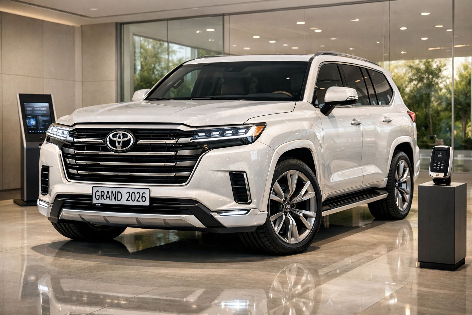 SUV Toyota branco modelo 2026 estacionado em ambiente interno com piso refletivo.