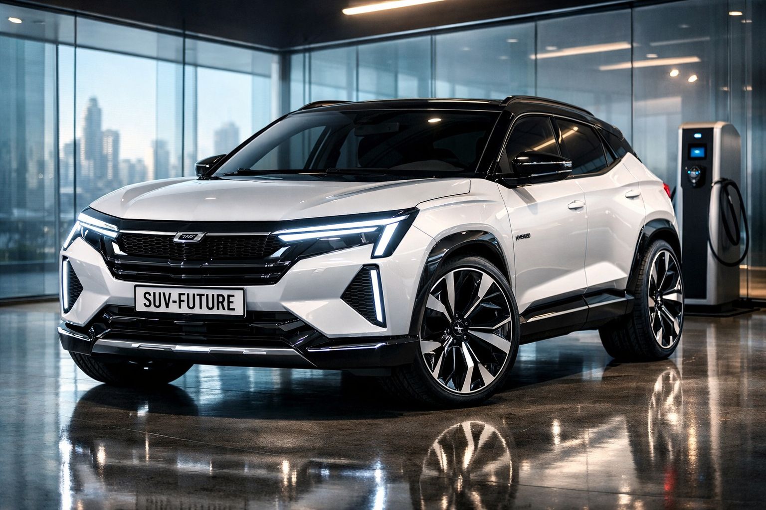 SUV elétrico branco futurista estacionado em garagem com carregador ao lado, com cidade ao fundo.