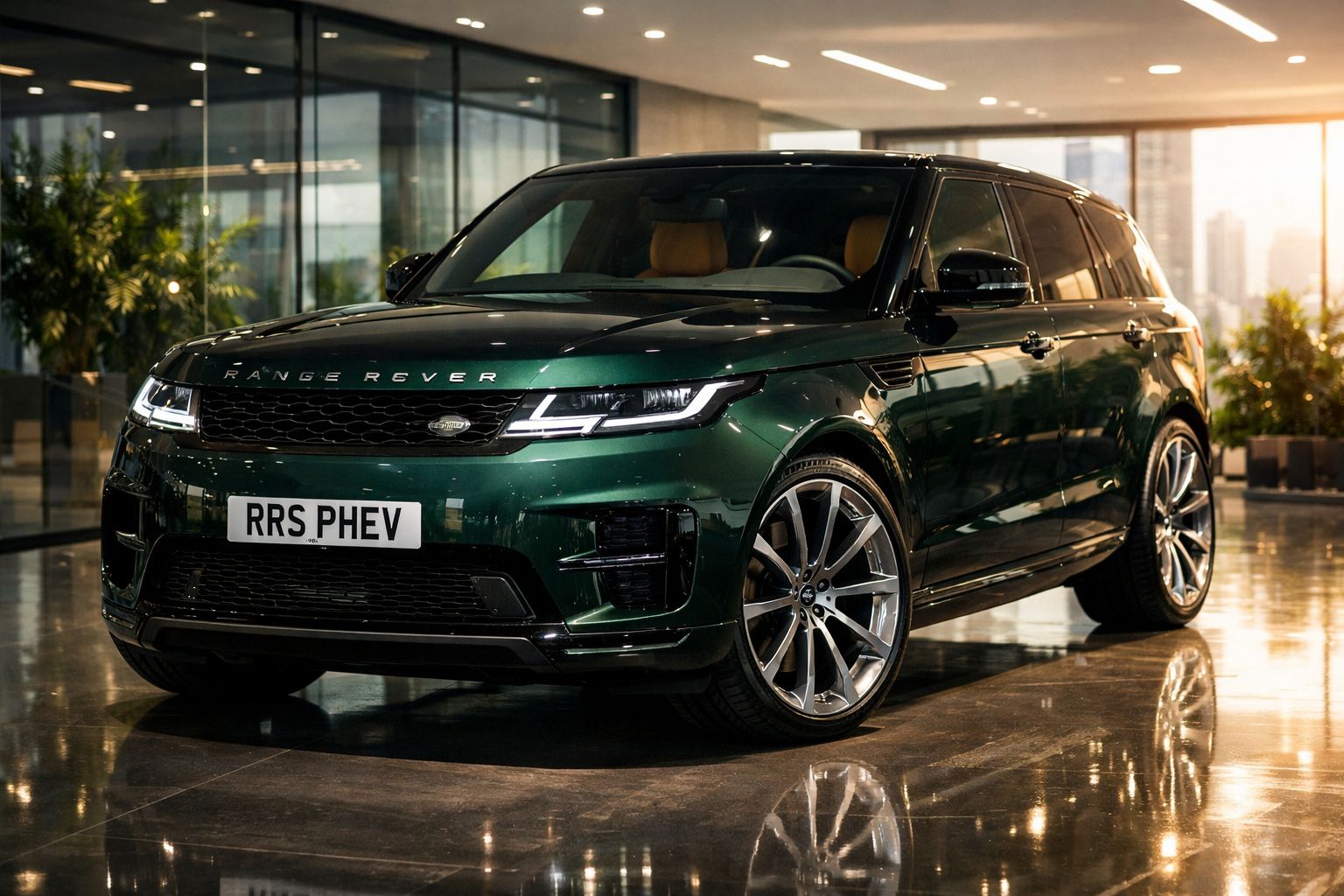 SUV verde Range Rover estacionado em ambiente interno com iluminação quente refletida no piso brilhante.