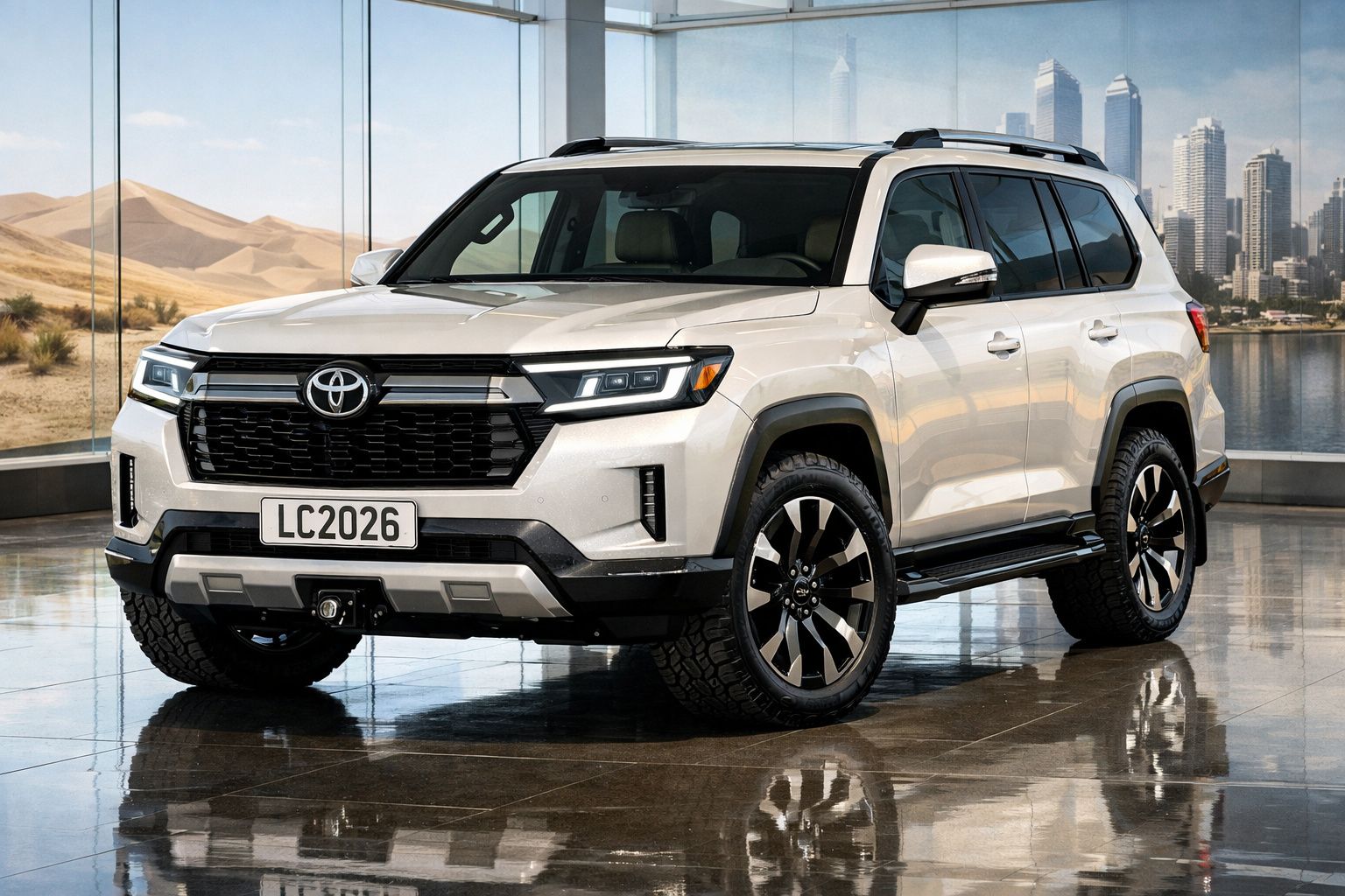 SUV Toyota Land Cruiser branco estacionado em piso brilhante com fundo de cidade e deserto.