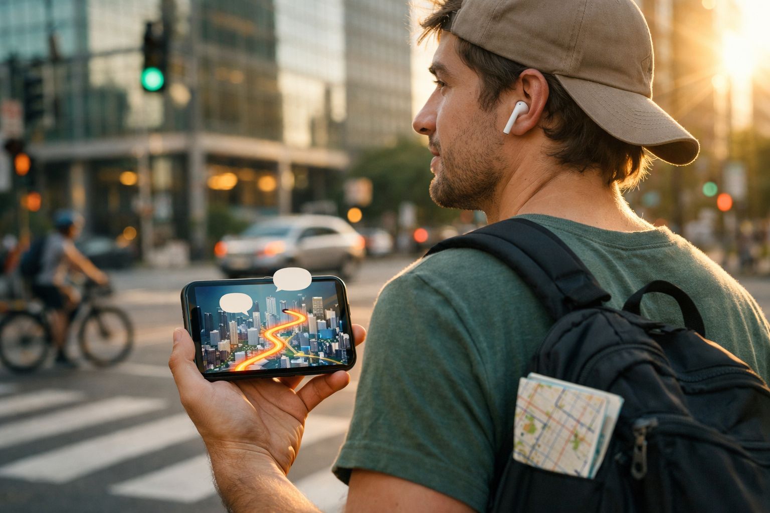 Homem com boné e mochila segura celular com mapa digital enquanto espera para atravessar rua movimentada.