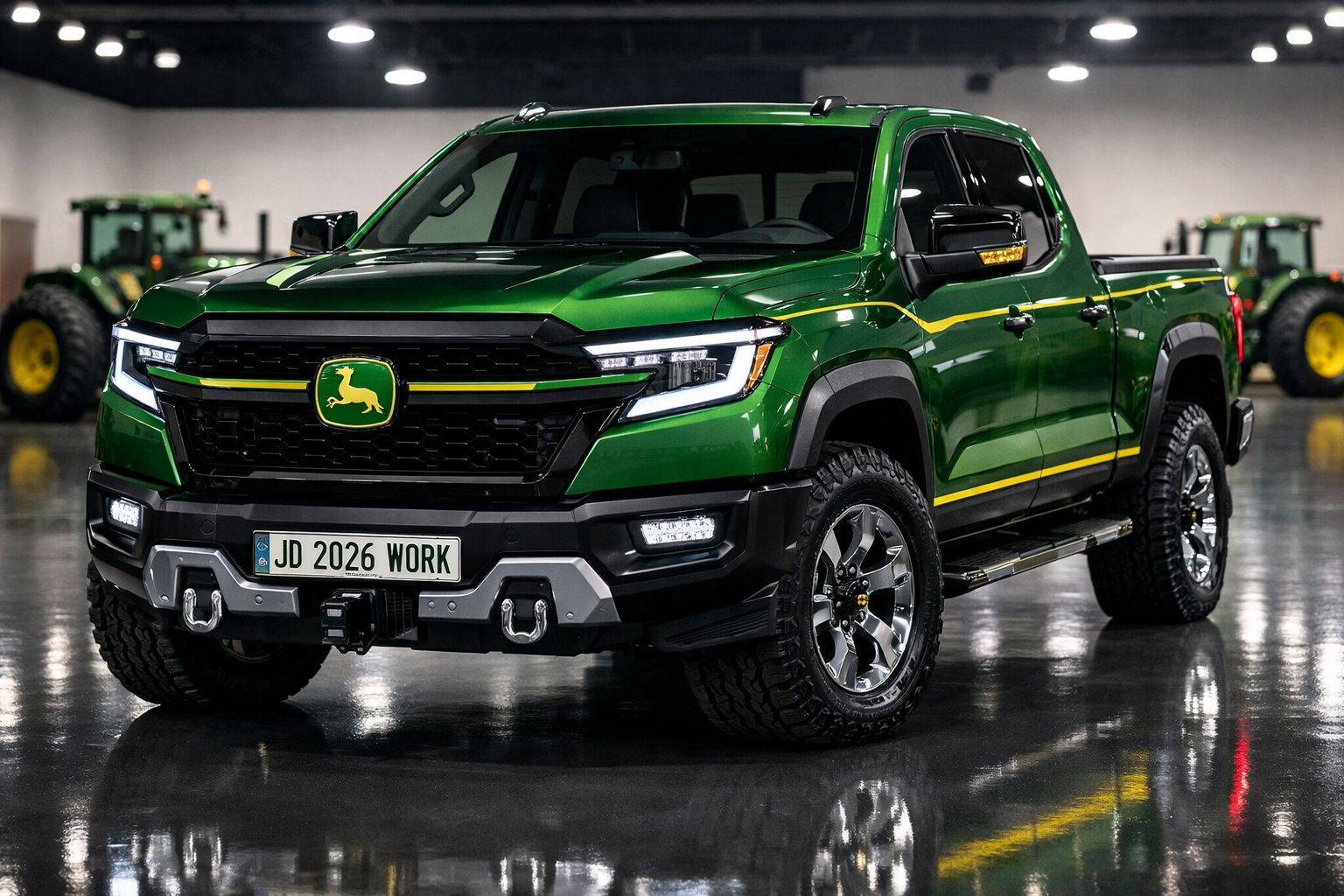 Picape verde escura com detalhes amarelos e logo John Deere em chão refletivo dentro de galpão.