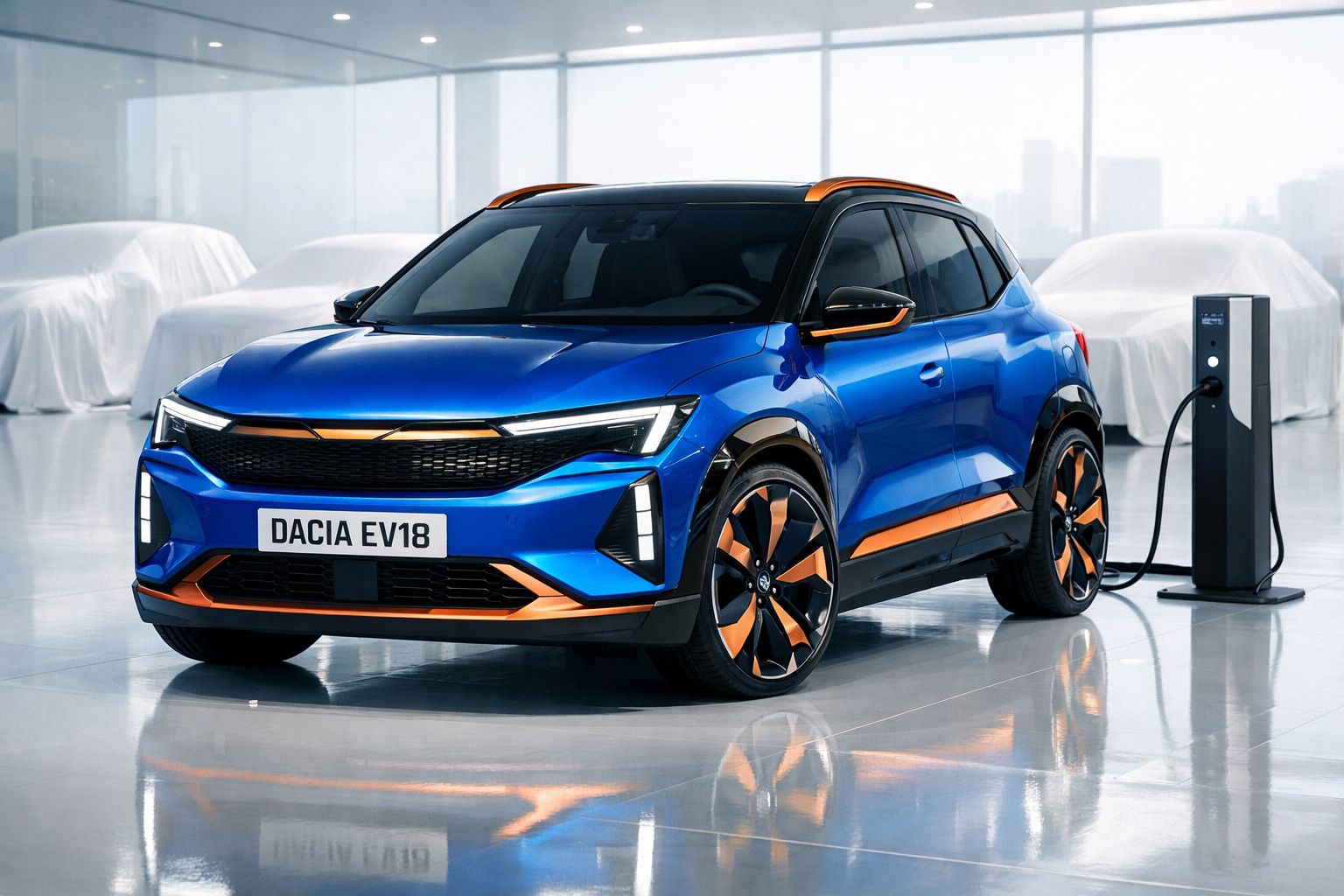 Carro elétrico azul com detalhes laranja, modelo Dacia EV18, carregando em estação de recarga.