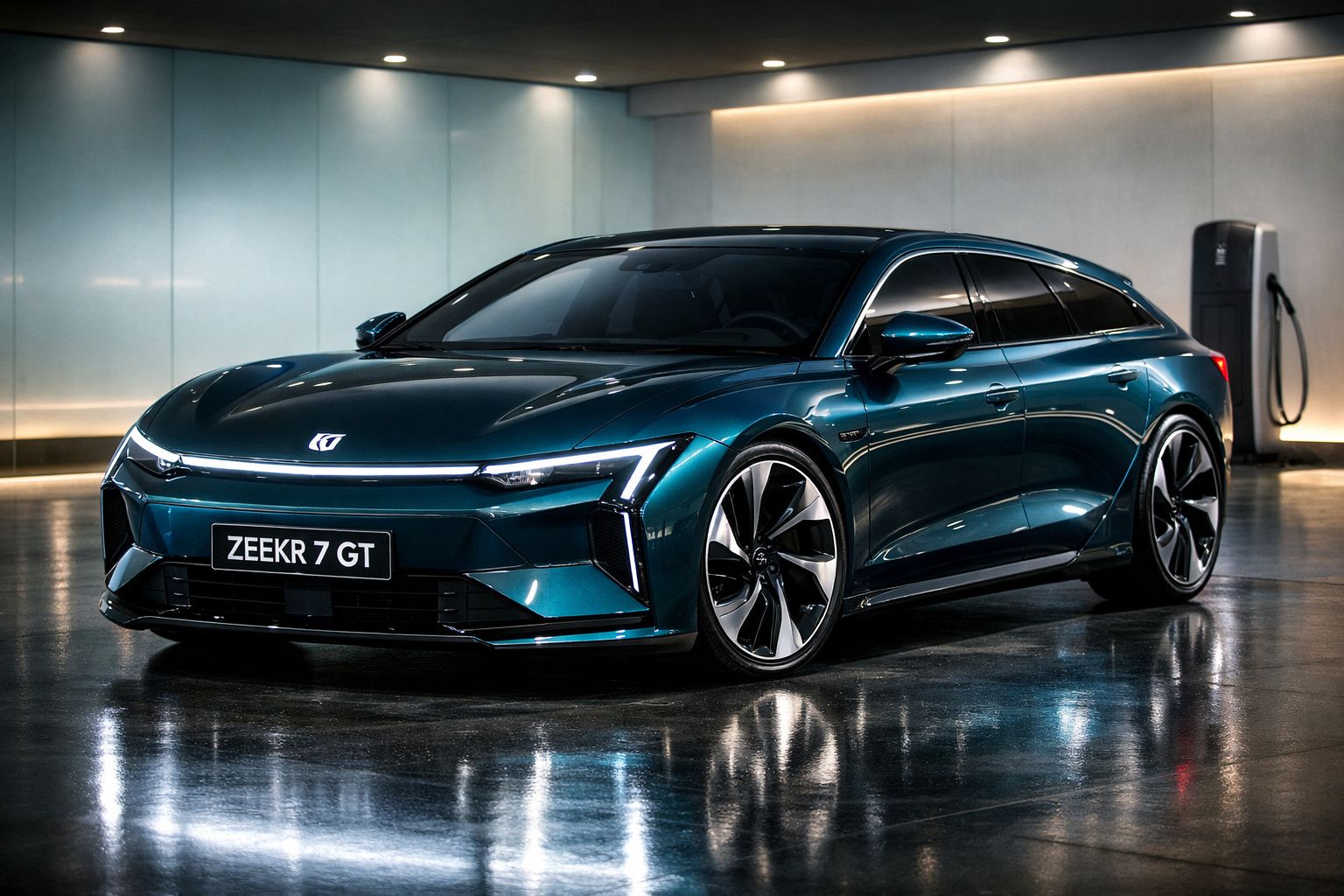 Carro elétrico azul Zeekr 7 GT estacionado em garagem com estação de recarga ao fundo.
