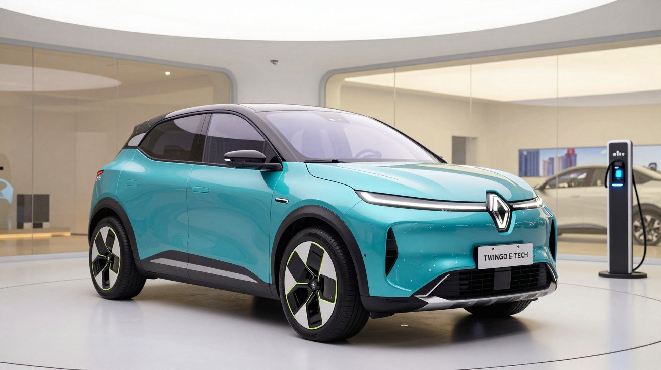 Carro elétrico Renault Twingo E-Tech azul em exibição com estação de recarga ao fundo.
