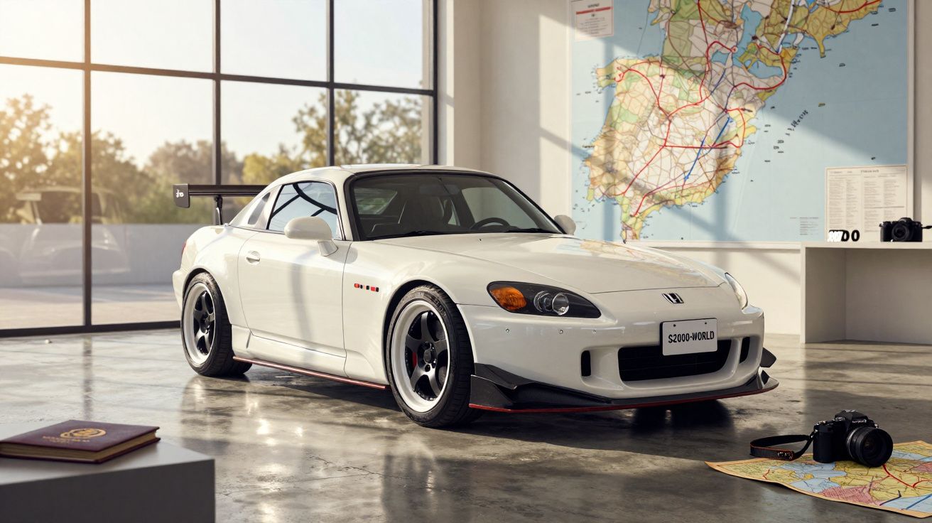 Carro esportivo branco Honda S2000 em ambiente interno com mapa, câmera e livro ao redor.