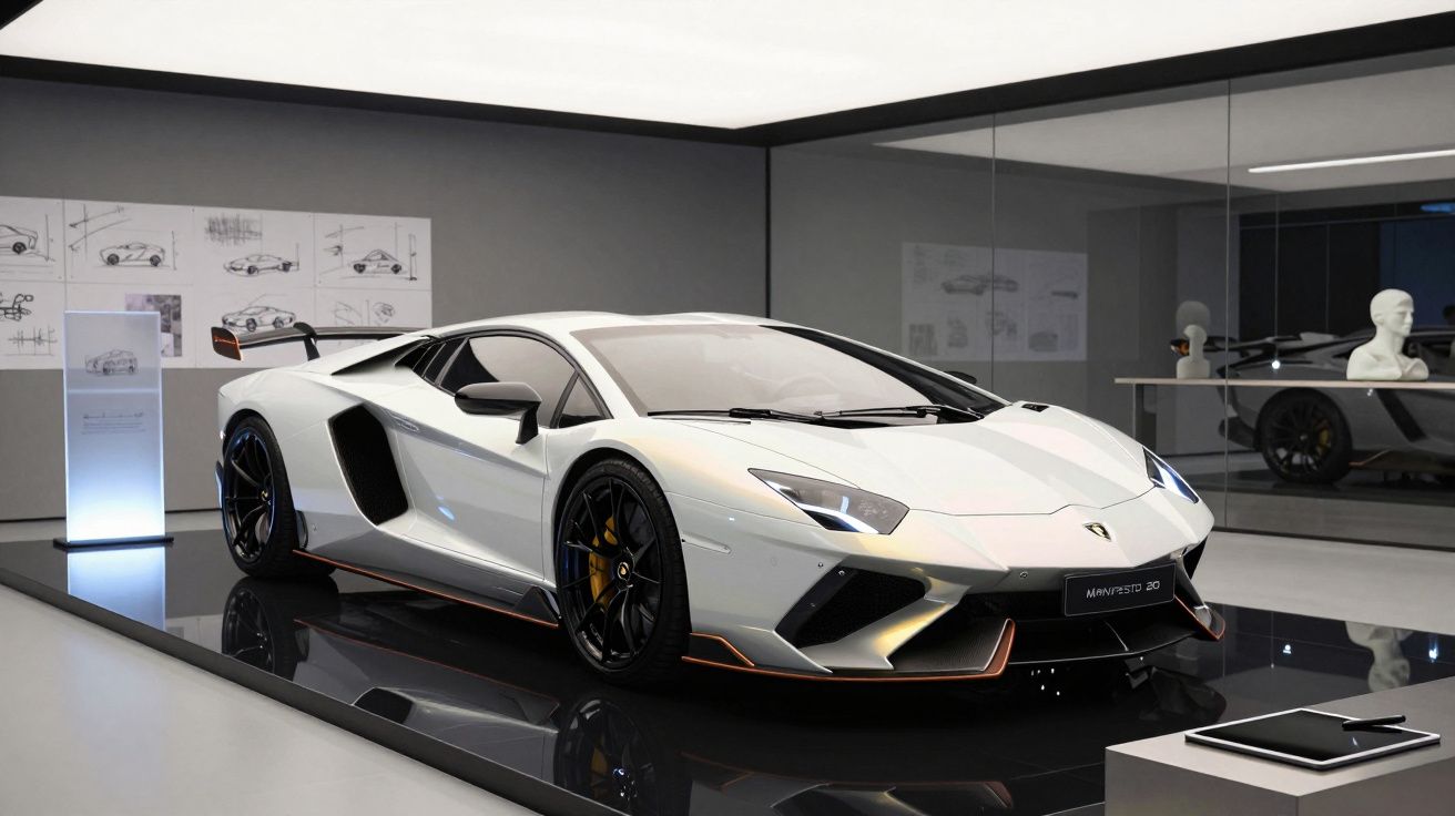 Carro esportivo branco Lamborghini em exposição moderna com design aerodinâmico e rodas pretas.