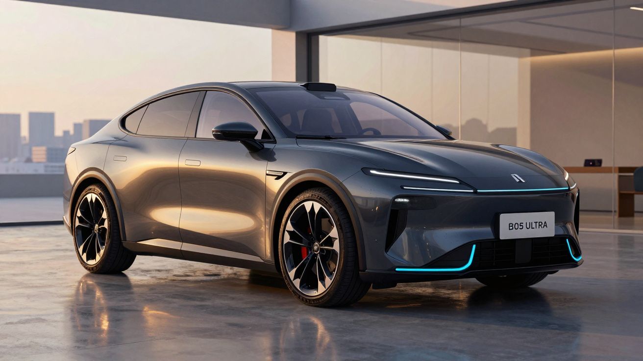 Carro elétrico cinza escuro B05 Ultra estacionado em área moderna com luzes azuis de LED acesas.