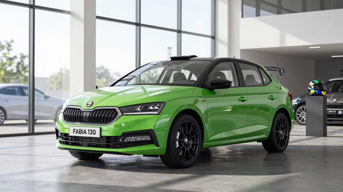 Carro Skoda Fabia 130 verde com teto preto em showroom moderno com janelas grandes.