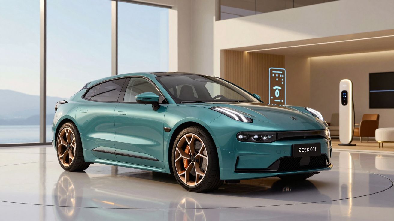 Carro elétrico esportivo verde água Zeek 001 em showroom moderno com parede de vidro e estação de carregamento.