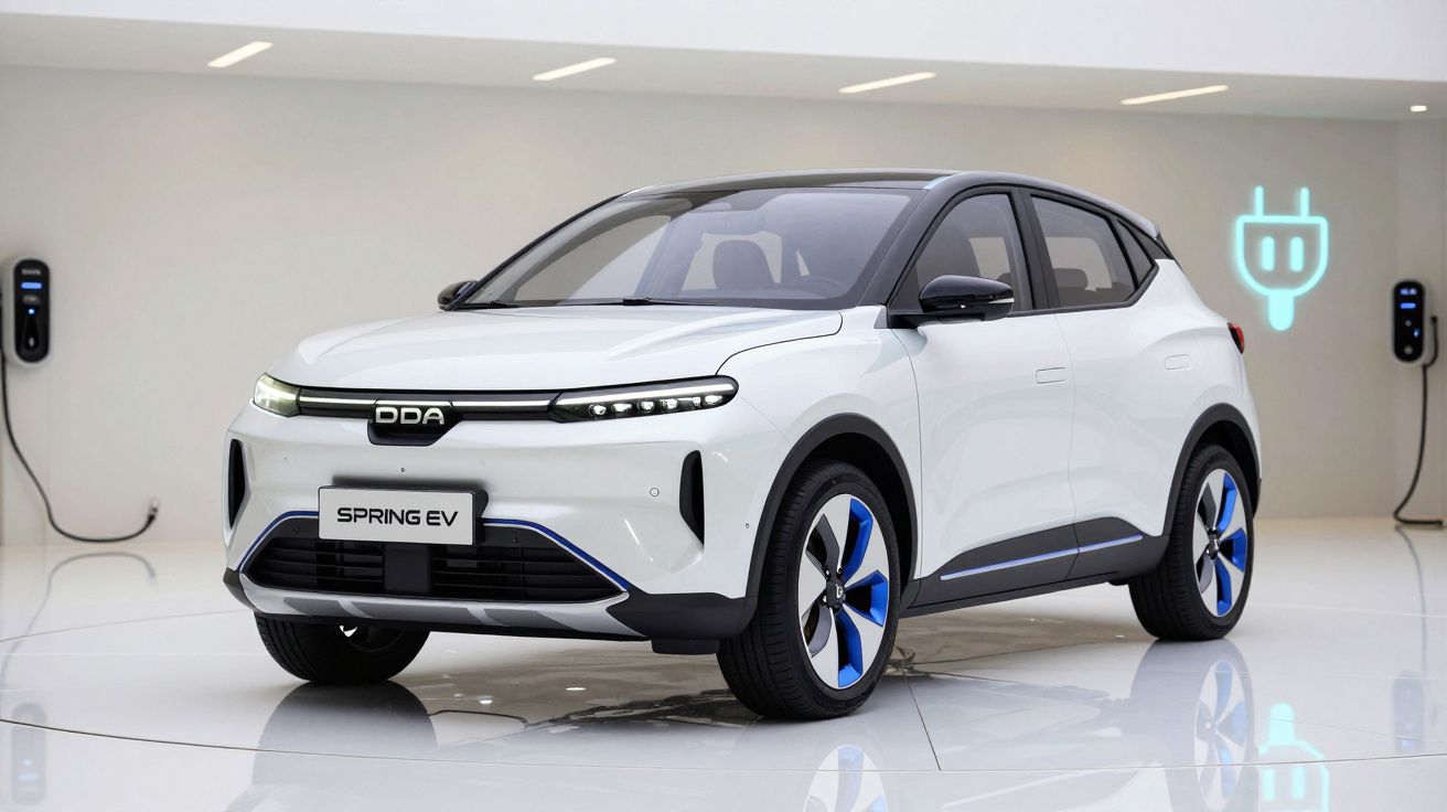 Carro elétrico branco DDA Spring EV em showroom branco com símbolo de plugue azul na parede.