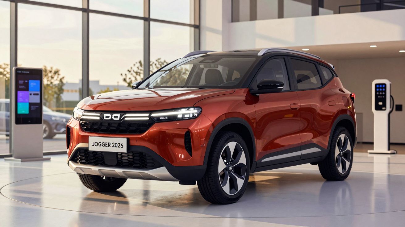SUV vermelho Dacia Jogger 2026 em showroom moderno com piso refletivo e luz natural.
