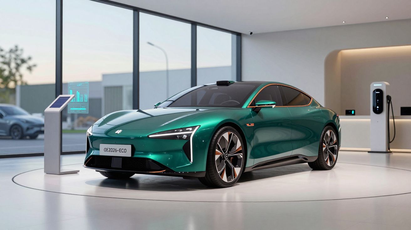 Carro elétrico verde com design moderno em exposição dentro de showroom bem iluminado.