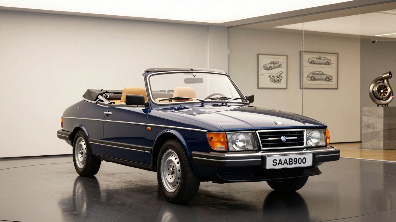 Carro conversível clássico azul Saab 900 exposto em ambiente moderno e minimalista.