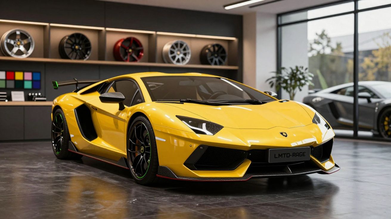 Carro esportivo amarelo estacionado em showroom com rodas expostas na parede ao fundo.