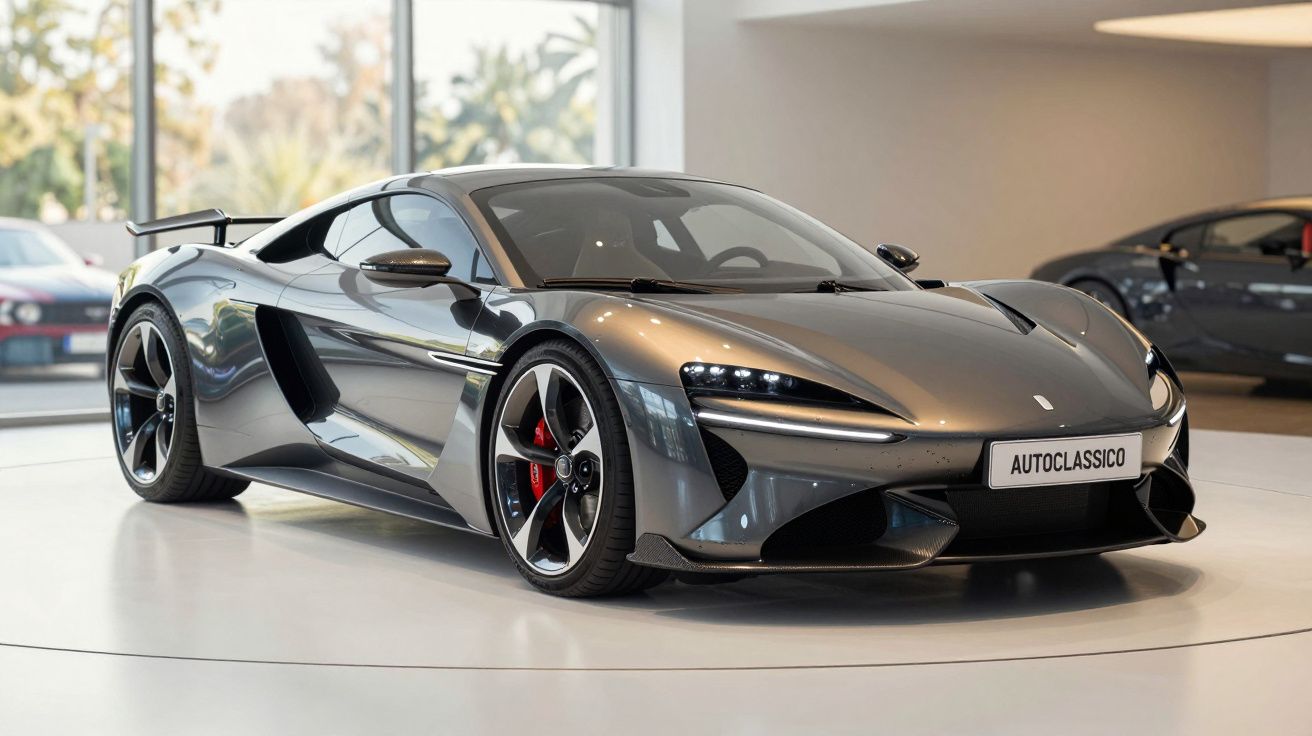 Carro esportivo cinza metálico McLaren GT exibido em showroom moderno e iluminado.