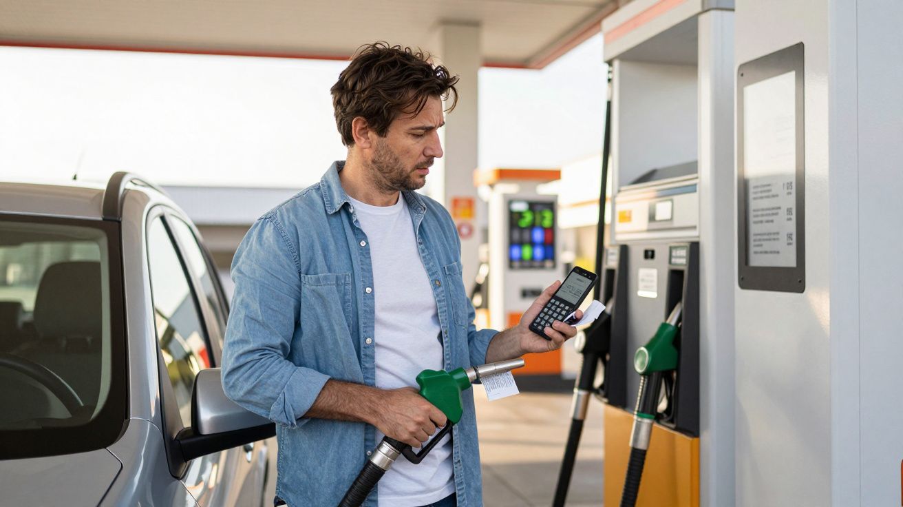 Homem com camisa jeans segura bomba de combustível e calculadora em posto de gasolina ao lado de carro prata.