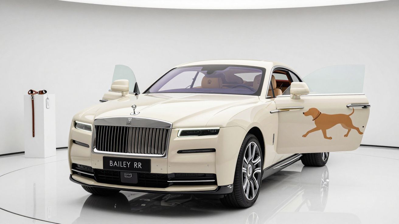 Carro de luxo Rolls-Royce branco com portas abertas e adesivo de cachorro marrom na porta direita.