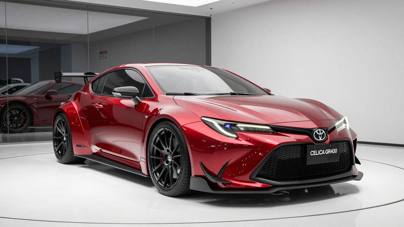 Carro esportivo Toyota Celica GR-100 vermelho brilhante em exposição em ambiente moderno e minimalista.