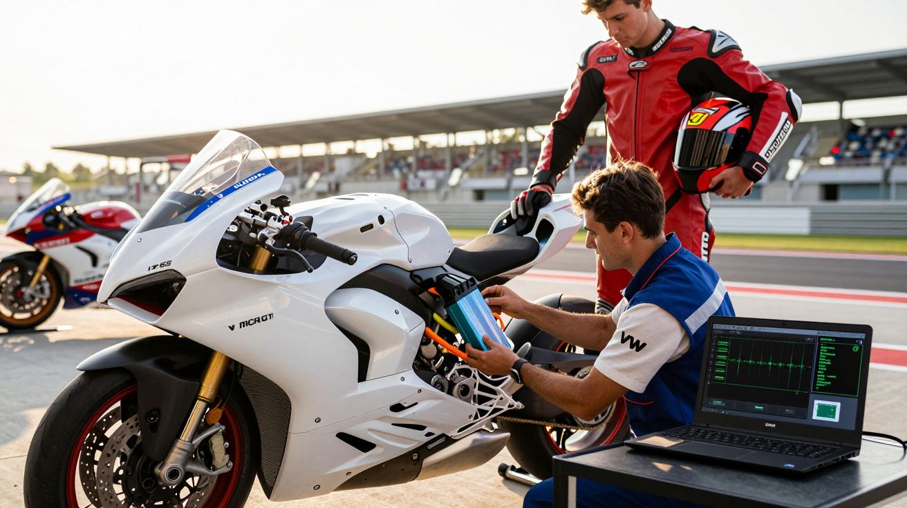 Técnico ajusta bateria de motocicleta elétrica enquanto piloto observa em pista de corrida.