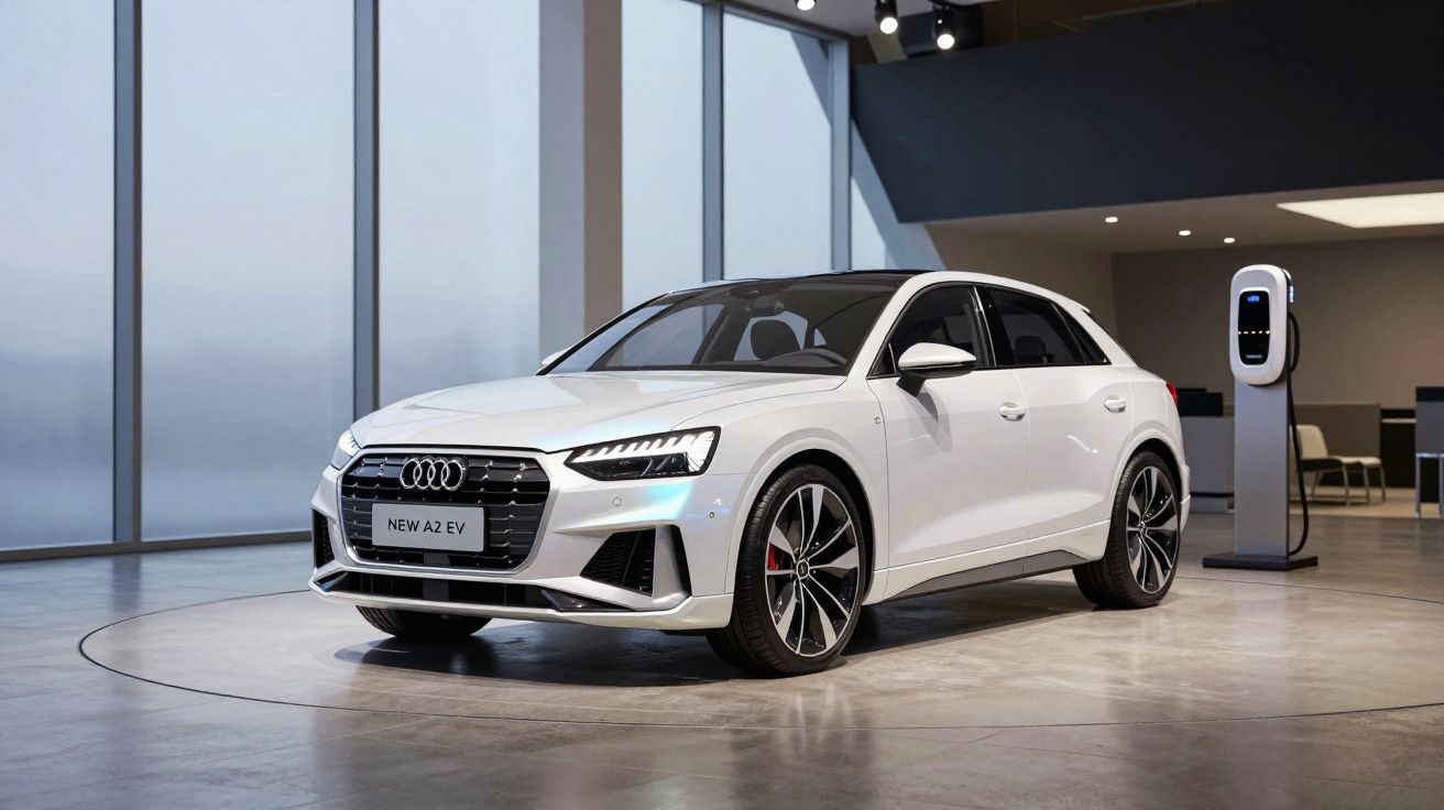 Carro elétrico Audi New A2 EV branco em exposição dentro de showroom moderno com carregador ao fundo.