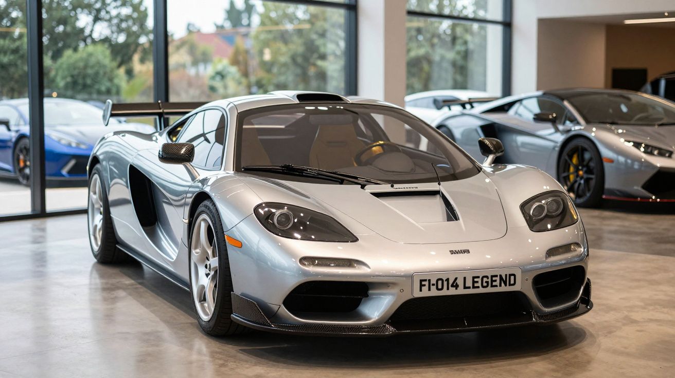 Carro esportivo prata McLaren F1 estacionado em ambiente interno com outros carros ao fundo.